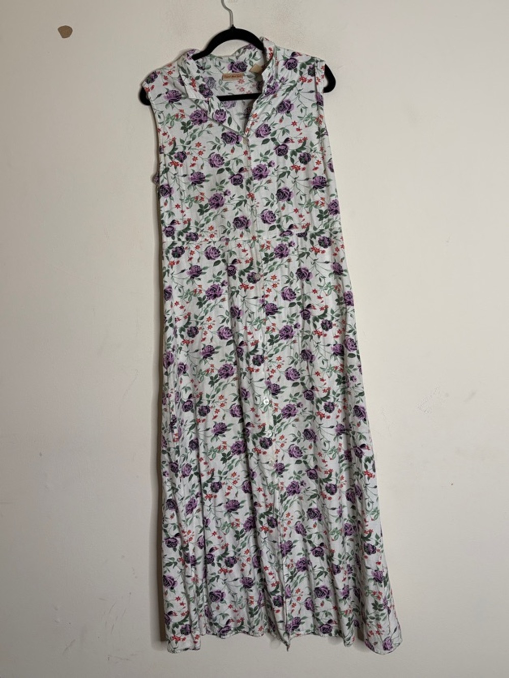 Sleeveless White Maxi Dress with Purple Floral Pattern